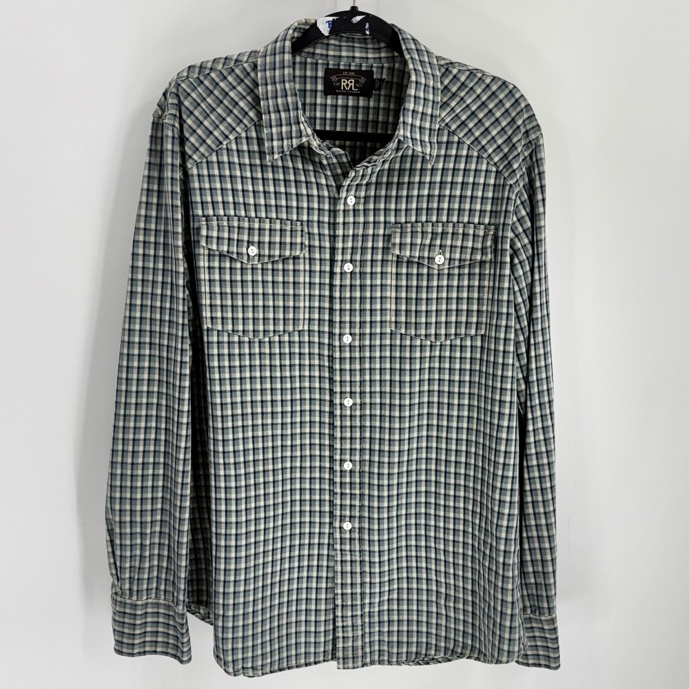 RRL Ralph Lauren Mens XL Plaid Western Shirt Blue Green Long Sleeve Button Up